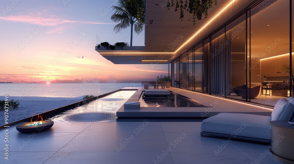Fototapeta premium A modern terrace lounge with a sleek water feature, minimalist furniture, and a panoramic view of a peaceful beach at sunset.