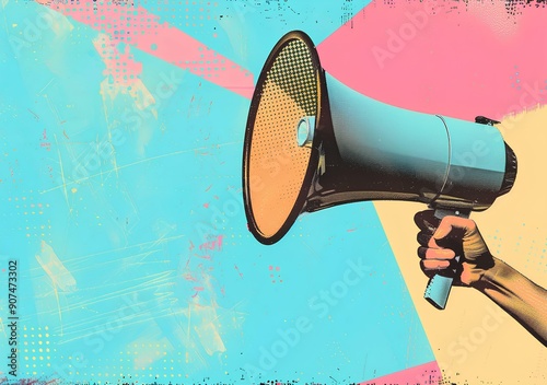 Close up of hand holding megaphone, pop art collage concept with halftones and pastel color paper background, in the style of minimalism.