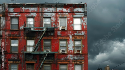 Rusty fire escape clings to weathered concrete shell, a forgotten relic against towering urban sprawl