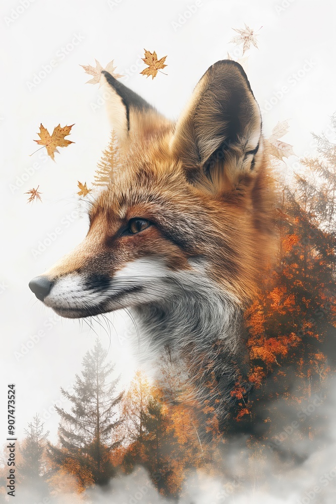Obraz premium Red fox looking left merging with autumn forest scene