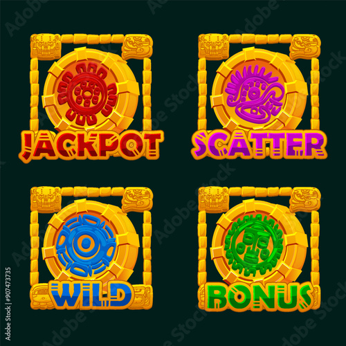 Maya or Aztec symbols in golden frames, colored hieroglyphs of the Maya calendar. Jackpot, Bonus, Wild and Scatter icons for your slots
