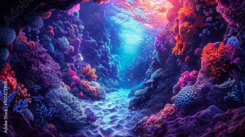 A surreal underwater world with colorful, fantastical sea creatures and glowing corals