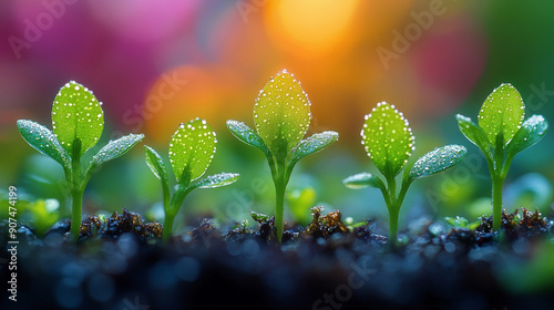 firt green shoots emergirng from their seed, in a very colorful forest in the background photo