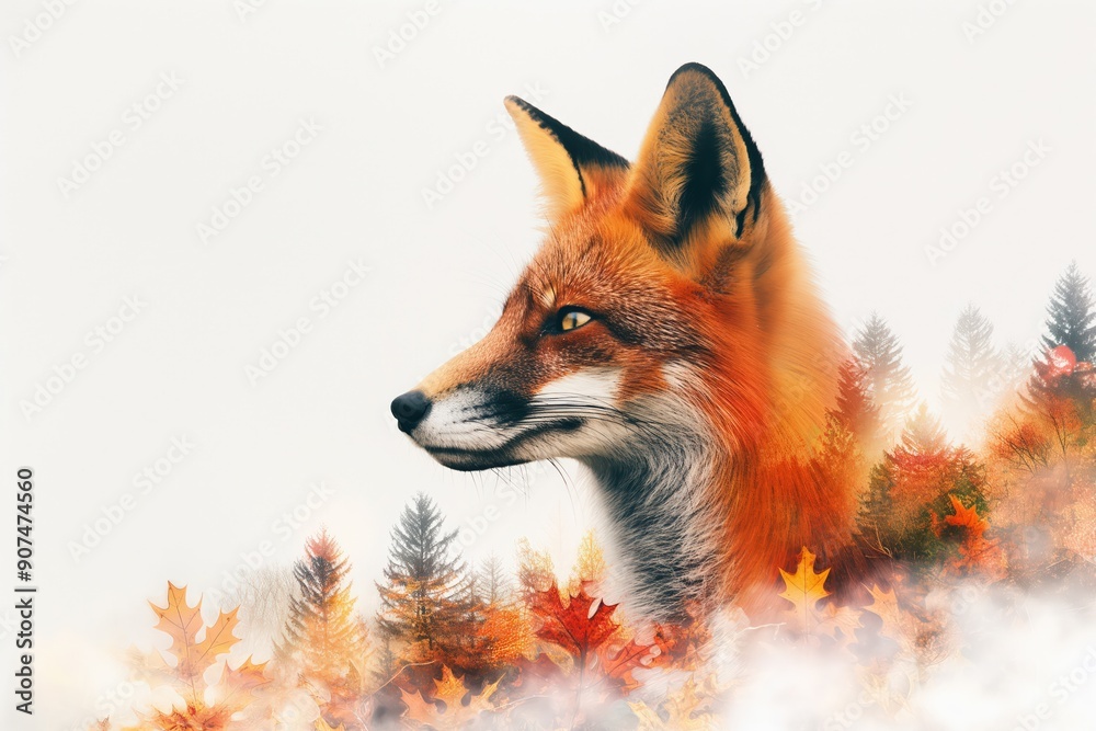 Red fox emerging from autumn forest with fog and copy space