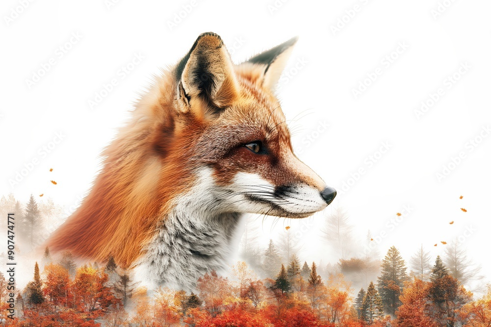 Fototapeta premium Red fox emerging from autumn forest double exposure
