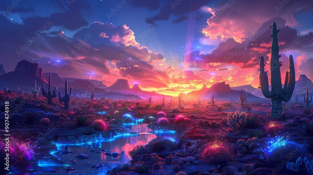 Fototapeta premium Dramatic golden hour paints vibrant sky with fluffy clouds, casting long shadows on majestic mountains