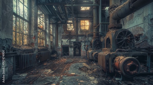 Rusty metal skeletons of forgotten industry haunt the crumbling concrete jungle photo