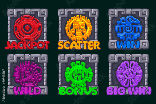 Maya or Aztec symbols in golden frames, colored hieroglyphs of the Maya calendar. Jackpot, Bonus, Wild, Win, Big win and Scatter icons for your slots
