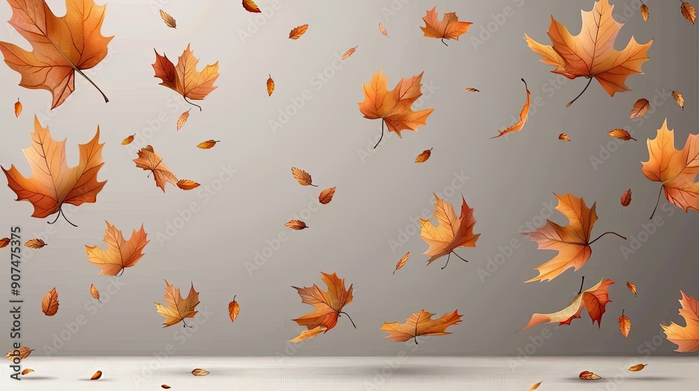 Realistic falling leaves. Autumn forest maple leaf in september season flying orange foliage from tree on ground transparent background isolated template exact vector illustration of fall autumn Realistic falling leaves. Autumn forest maple leaf in september season flying orange foliage from tree on ground transparent background isolated template exact vector illustration of fall autumn