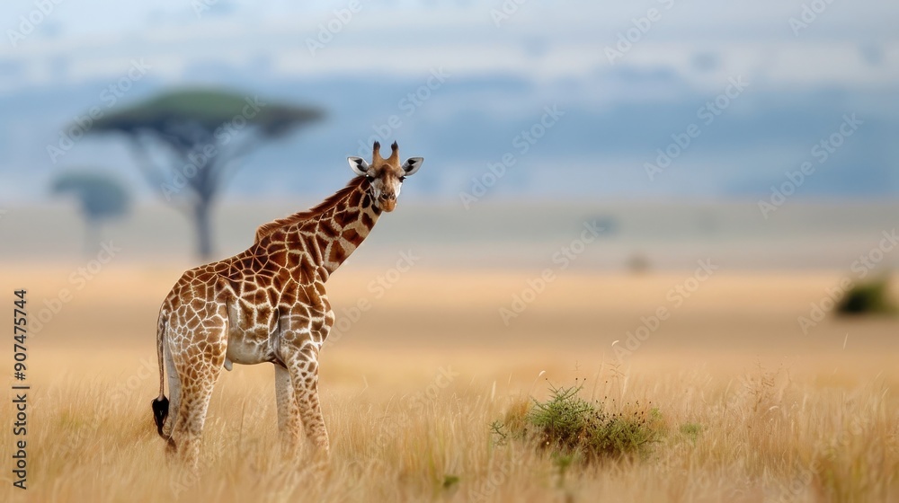 Fototapeta premium A giraffe strides through the savanna, its head held high.