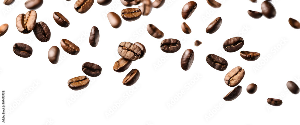 Obraz premium Isolated background, Time-lapse photography of coffee beans floating in the air, Transparent background PNG