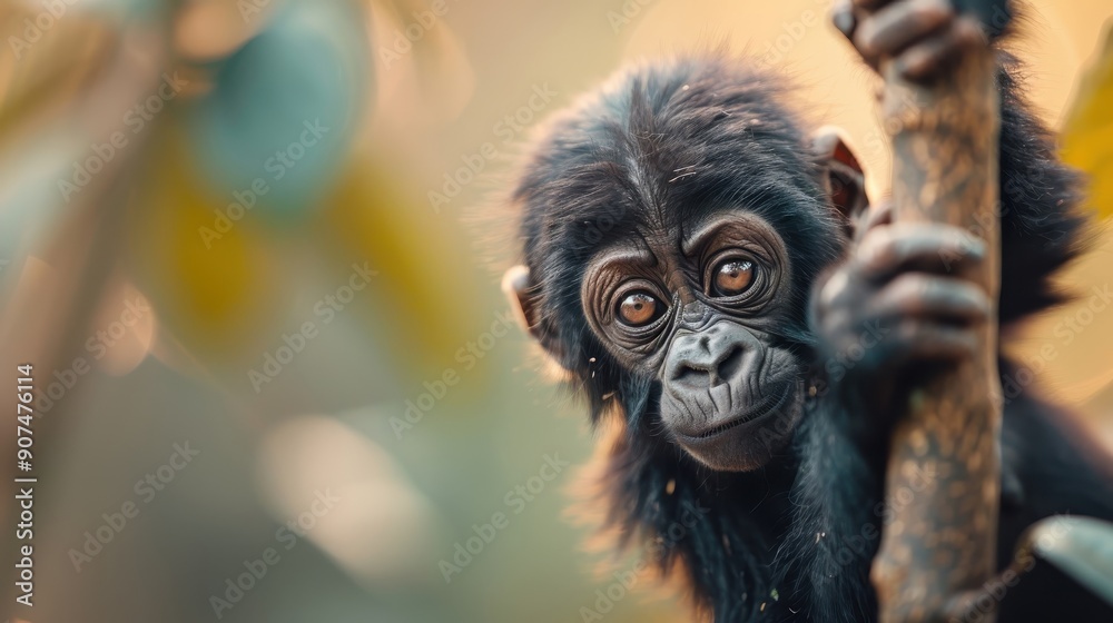 A playful baby gorilla swinging from a vine in the jungle.