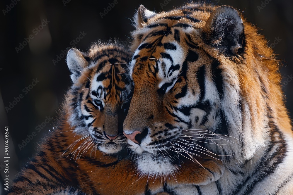 Naklejka premium Captures the tender bond between a mother tiger and her cub, showcasing their affectionate nature.