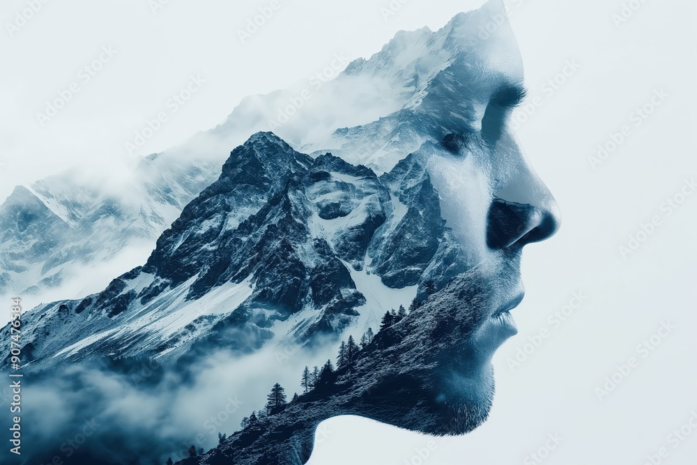 Man merging with mountain landscape representing freedom and power of nature Man merging with mountain landscape representing freedom and power of nature