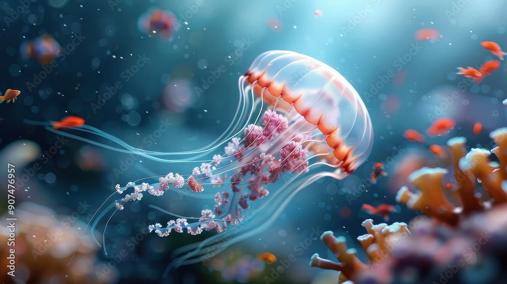 Fototapeta premium Jellyfish interacting with swarm of small, colorful fish near vibrant coral reef, bioluminescent glow illuminating scene, lively and captivating.