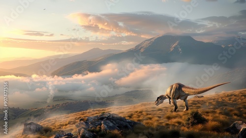 At dusk, an Allosaurus prowls through a fog-covered valley, with long shadows cast by the setting sun. photo