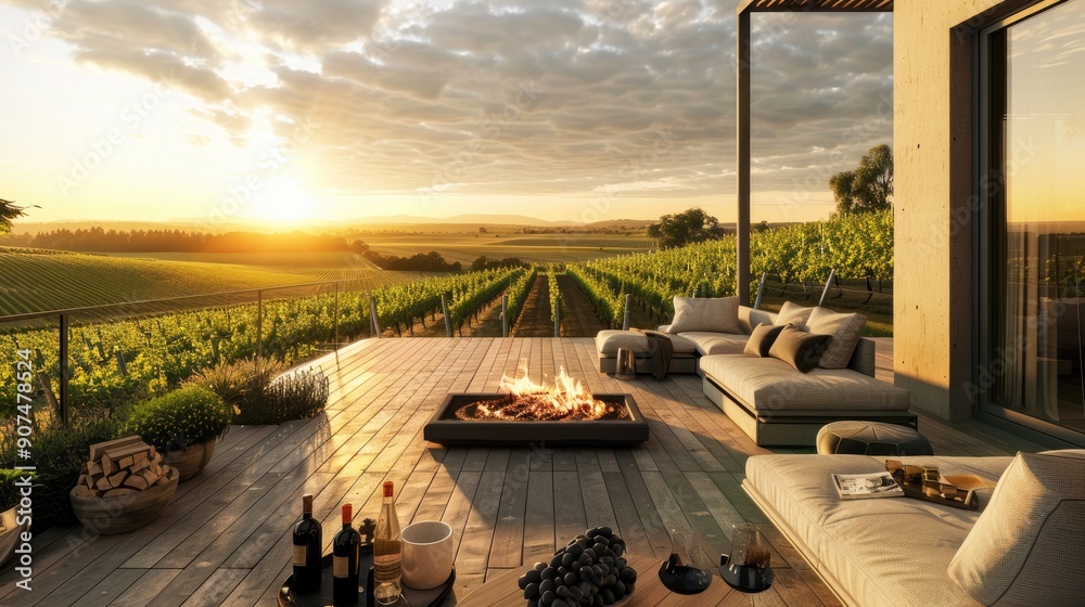Fototapeta premium A stylish terrace lounge with a chic outdoor fireplace, modern sofas, and a captivating view of a rolling vineyard under a setting sun.
