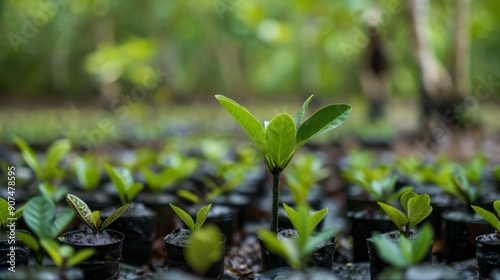 Close up of nursery seedlings mangrove forest to save intact environment, Conservation and restoration of mangrove forests. 