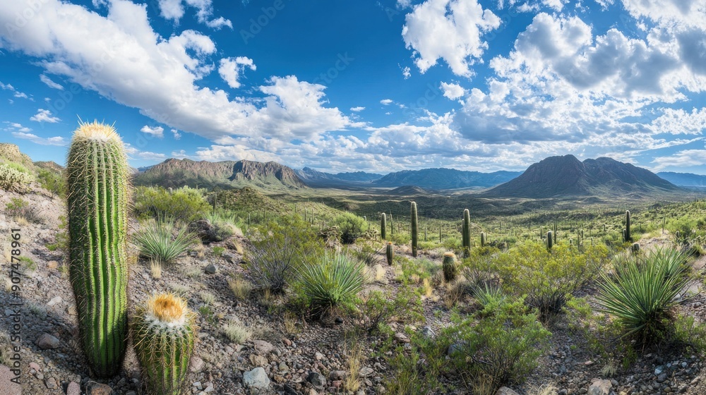 Arid Desert Landscape with Cactus and Mountain Range
