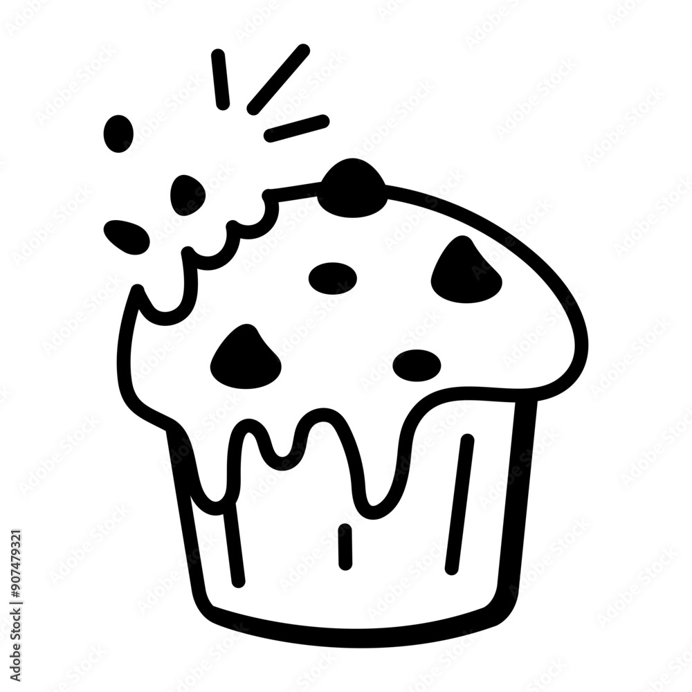 A doodle style icon of muffin with chocolate chip topping 