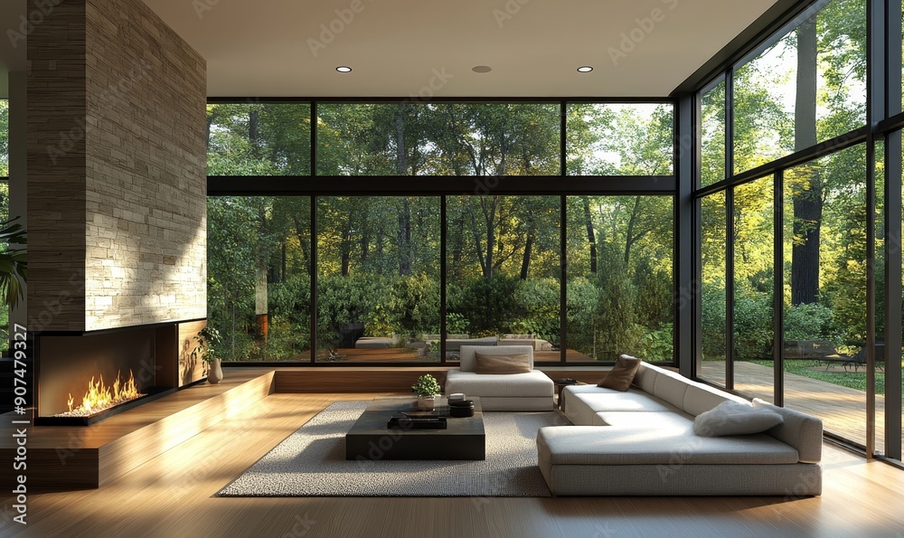 Modern interior with fireplace in house near forest, 3d render, Generative AI Modern interior with fireplace in house near forest, 3d render, Generative AI