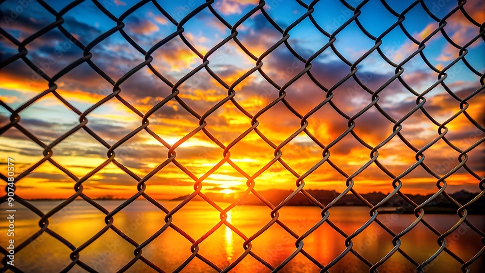 Rusty Chain Link Fence Against a Sunset Sky Generative AI Rusty Chain Link Fence Against a Sunset Sky Generative AI