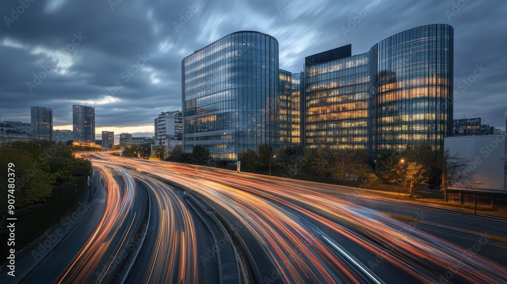 Fototapeta premium Cityscape with Glass Buildings and Light Trails on Highway