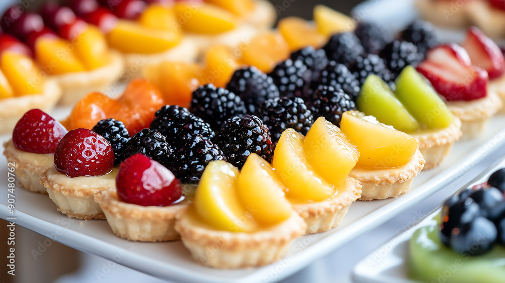 Assorted fruit tarts with various toppings strawberries blackberries peaches kiwis beautifully displayed on a white platter for a colorful delectable treat Assorted fruit tarts with various toppings strawberries blackberries peaches kiwis beautifully displayed on a white platter for a colorful delectable treat