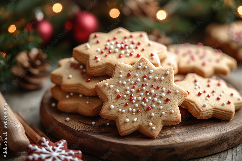 Festive Christmas cookies decorated with icing and sprinkles, set on a table with holiday decorations, capturing the joy of holiday baking. Festive Christmas cookies decorated with icing and sprinkles, set on a table with holiday decorations, capturing the joy of holiday baking.