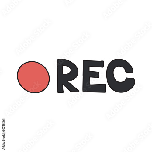 Illustration of a recording icon featuring a red circle and the word "REC" in bold black letters. Simple, modern design for digital media, video, audio recording, and broadcasting.
