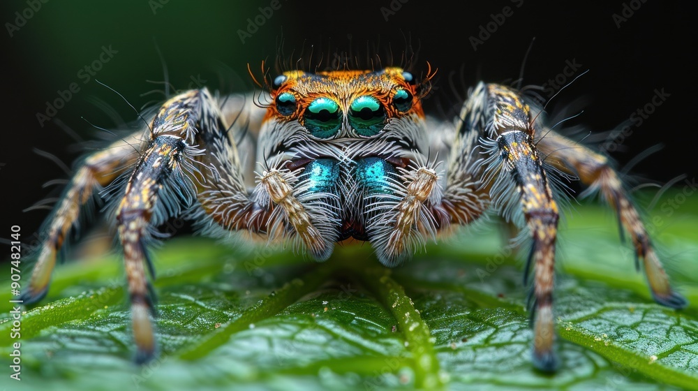 Close-up of a vibrant jumping spider with iridescent blue eyes Close-up of a vibrant jumping spider with iridescent blue eyes