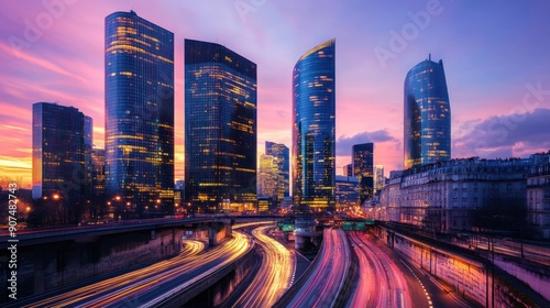 Illuminated Skyscrapers and Traffic Trails at Dusk in Paris © Penatic Studio