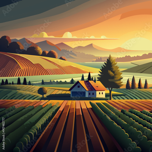 Sunrise Over Golden Farmland.