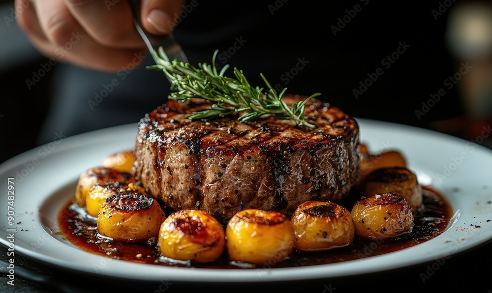 Extreme close-up of a gourmet dish being served, with entertainment in the background, minimalist style, space for text. Extreme close-up of a gourmet dish being served, with entertainment in the background, minimalist style, space for text.