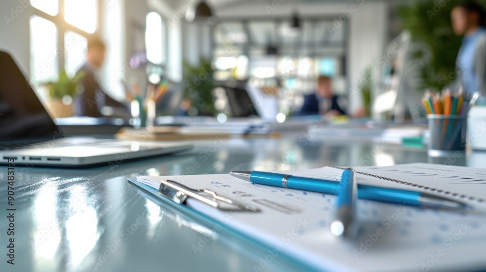 Close-up of an office desk featuring a notebook and pen in focus, set within a busy, well-lit office environment with colleagues working in the background. Close-up of an office desk featuring a notebook and pen in focus, set within a busy, well-lit office environment with colleagues working in the background.
