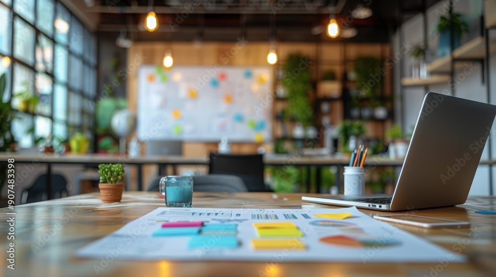 custom made wallpaper toronto digitalA modern office setting featuring a laptop, planning materials, and a whiteboard in the background, with plants and warm lighting creating a productive atmosphere.