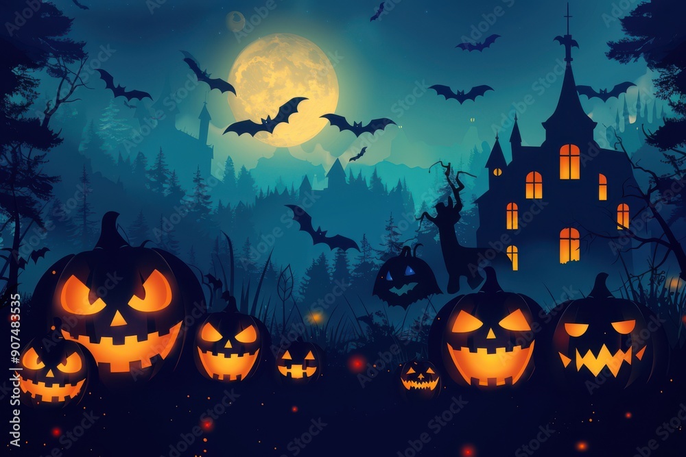 Halloween night background with spooky pumpkins, haunted house and flying bats in dark forest illustration Halloween night background with spooky pumpkins, haunted house and flying bats in dark forest illustration