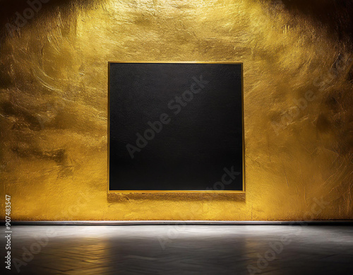 Empty black square canvas mockup on golden background. Luxury wall for home decor, arts painting and photo hanging interior decoration. photo