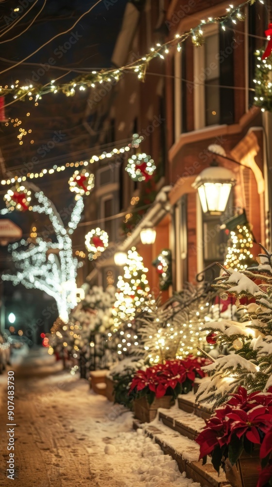 Fototapeta premium Festive Christmas street scene with snowy steps and red poinsettias.