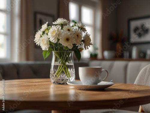 Wallpaper Mural Dining table with a vase of white flowers and a glass of drink. AI generation. Torontodigital.ca