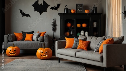 Orange and black living room interior for Halloween