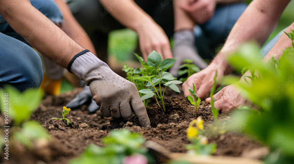 Fototapeta premium A group of people are planting flowers in a garden