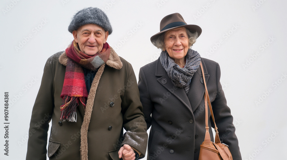 Two elderly people are standing next to each other, one wearing a hat and scarf Two elderly people are standing next to each other, one wearing a hat and scarf