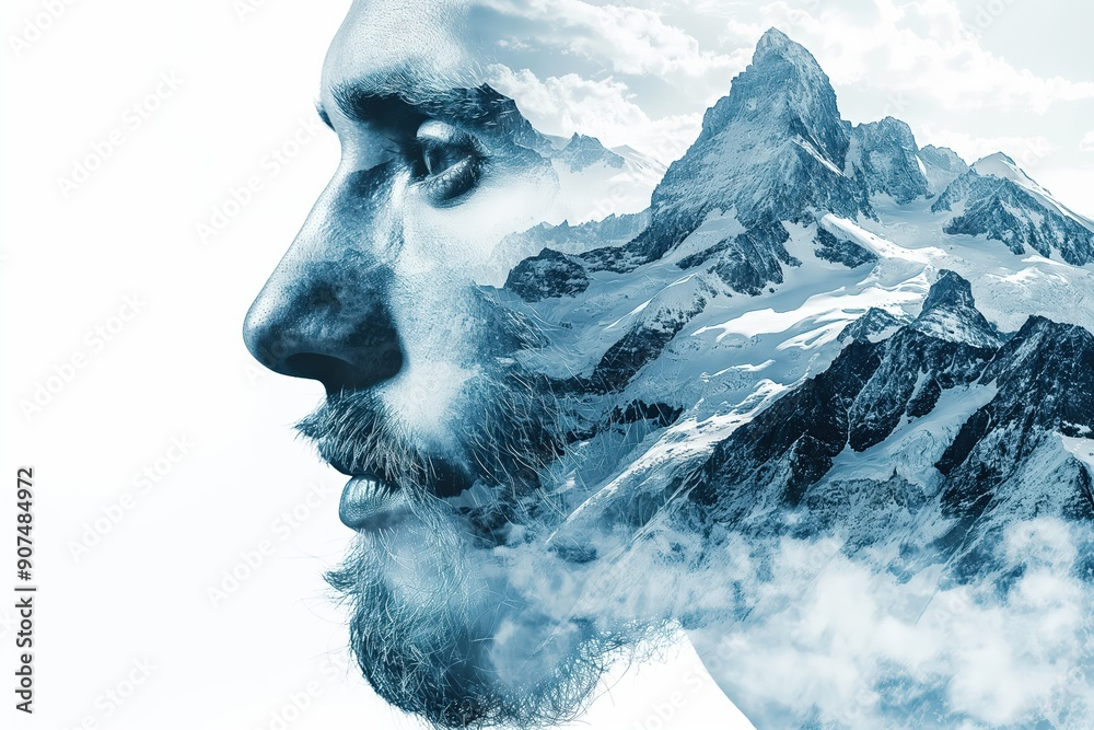 Man merging with mountain peaks representing freedom and strength Man merging with mountain peaks representing freedom and strength