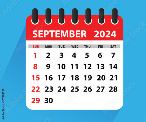 September 2024 Calendar Leaf. Calendar 2024 in flat style. September 2024 Calendar. Week starts on Sunday. Blank Calendar Template. Stationery Design. Vector Illustration