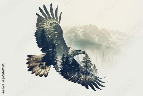 Majestic bald eagle flying over misty mountains with double exposure forest effect photo