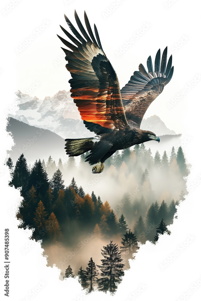Fototapeta premium Majestic eagle soaring over misty forest with sunset wings