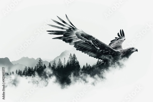 Majestic eagle soaring over misty mountain forest double exposure photo