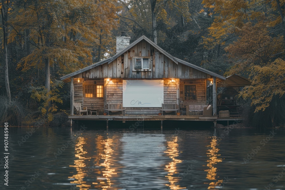 Secluded cabin on a tranquil lake. Secluded cabin on a tranquil lake.