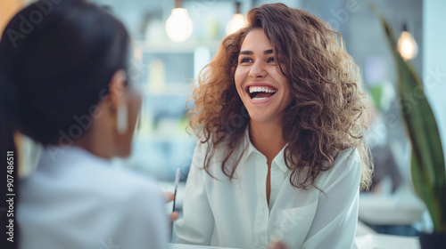 A cheerful engaged in a friendly consultation with a client, discussing skincare or beauty treatments